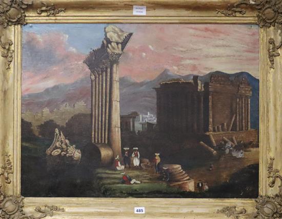 19th century English School, oil on canvas, Study of figures beside Grecian ruins, 54 x 74cm